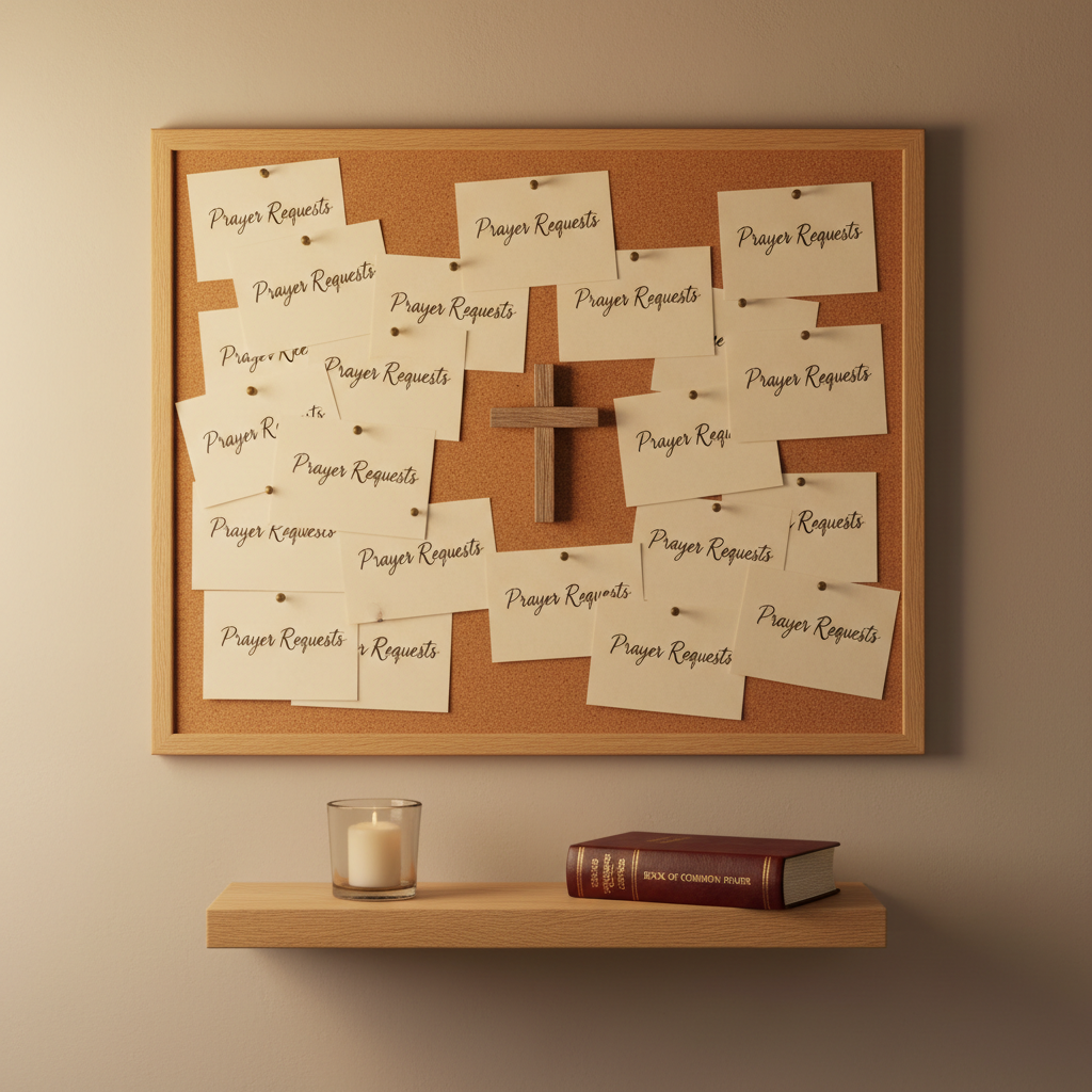 A corkboard mounted on a soft beige wall, filled with carefully pinned cream-colored cards labeled “Prayer Requests” in delicate handwriting, each card partially overlapping another. At the center, a small wooden cross is pinned like an anchor for the notes. Beneath the board sits a narrow shelf with a single glass votive candle unlit, and a closed burgundy prayer book with a gold-embossed spine. Soft, diffused evening light from a nearby lamp outside the frame creates a warm, gentle glow and subtle shadows beneath each card. Photographic realism from a straight-on eye-level view, capturing a compassionate, hopeful atmosphere for a prayer request page.