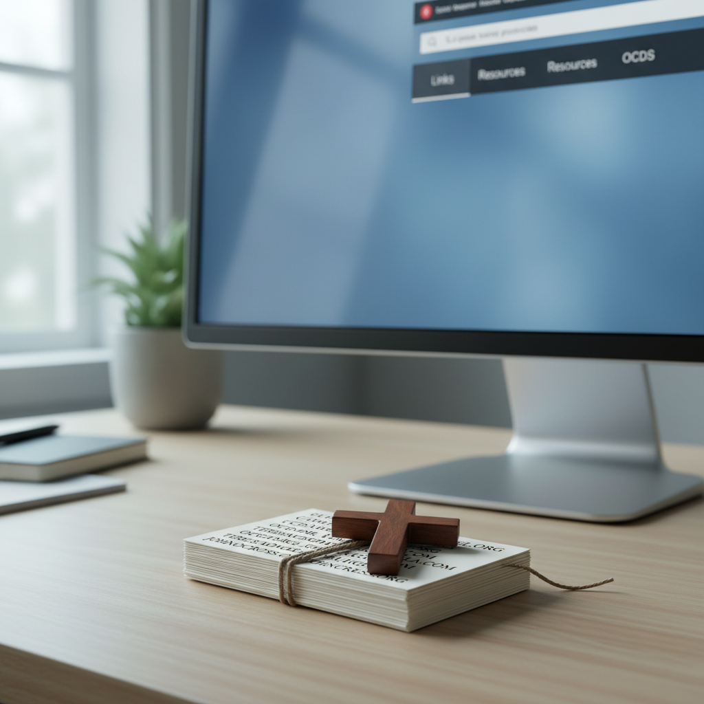 A neatly arranged desktop scene featuring a slim, modern computer monitor displaying a blurred website layout with recognizable but unreadable navigation tabs labeled “Links,” “Resources,” and “OCDS.” In front of the monitor lies a small stack of elegant, cream-colored cards printed with Carmelite-related website URLs, bound loosely by a simple brown twine. A dark brown wooden cross lies atop the stack. Soft, cool daylight from a nearby window bathes the workspace, emphasizing the contrast between digital and tangible resources. Photographic realism from a slightly elevated angle, with a clean, professional composition and moderate depth of field, ideal for an important links or resources section.