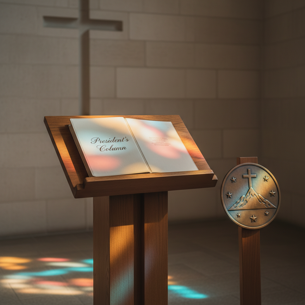 A serene corner of a chapel featuring a polished wooden lectern with a cream-colored binder labeled “President’s Column” in refined script resting open on top. Beside it sits a small, simple wooden stand holding a bronze emblem of the Carmelite shield. Behind, a softly blurred background reveals a pale stone wall with a faintly carved cross. Late-afternoon sunlight streams in from high stained-glass windows out of frame, casting warm, dappled colors and gentle shadows on the lectern surface. Photographic realism from a slightly low angle, with a calm, dignified mood, conveying steady guidance and reflection for the Community President’s messages.