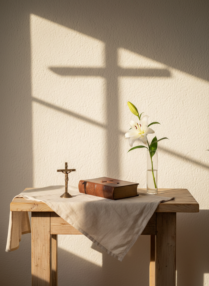 A simple wooden altar table with a small bronze crucifix, a worn brown leather-bound Bible, and a single white lily in a clear glass vase, arranged carefully on a soft cream linen cloth. The altar stands in front of a textured off-white wall with a subtle shadow of a cross shape falling across it. Gentle morning light filters in from an unseen window to the left, casting warm highlights on the metal and soft shadows on the table. Photographic realism at eye level, with a shallow depth of field that blurs the background, creating a calm, reverent, and welcoming atmosphere suitable for a Carmelite community website homepage.