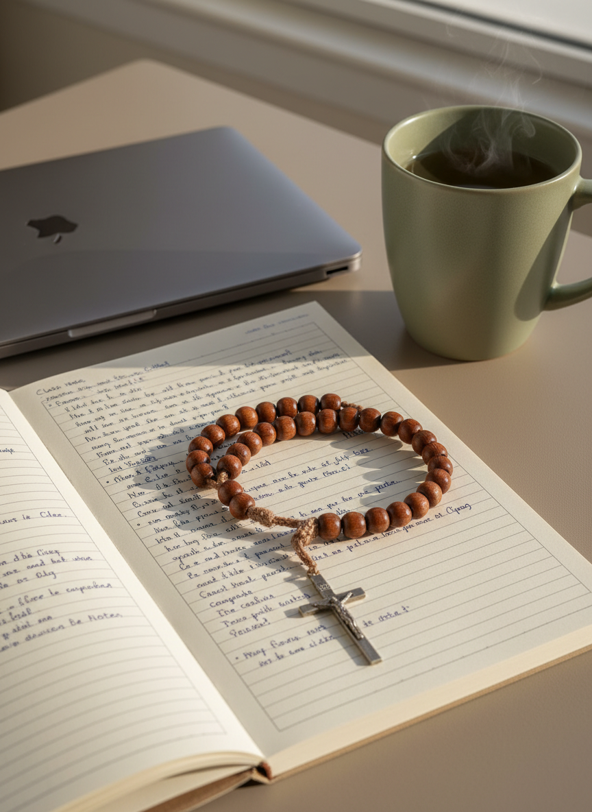 A beautifully arranged circle of deep brown wooden rosary beads with a simple metal crucifix, placed on an open spiral notebook filled with neatly handwritten class notes in blue ink. The notebook rests on a clean, taupe-colored desk surface beside a closed laptop with a muted silver finish and a smooth, matte ceramic mug of herbal tea. Soft afternoon window light from the right side illuminates the scene, creating delicate highlights on the beads and gentle shadows between notebook pages. Photographic realism from a slightly elevated, three-quarter angle with moderate depth of field, evoking a studious, contemplative, and professional mood for a formation or class notes page.