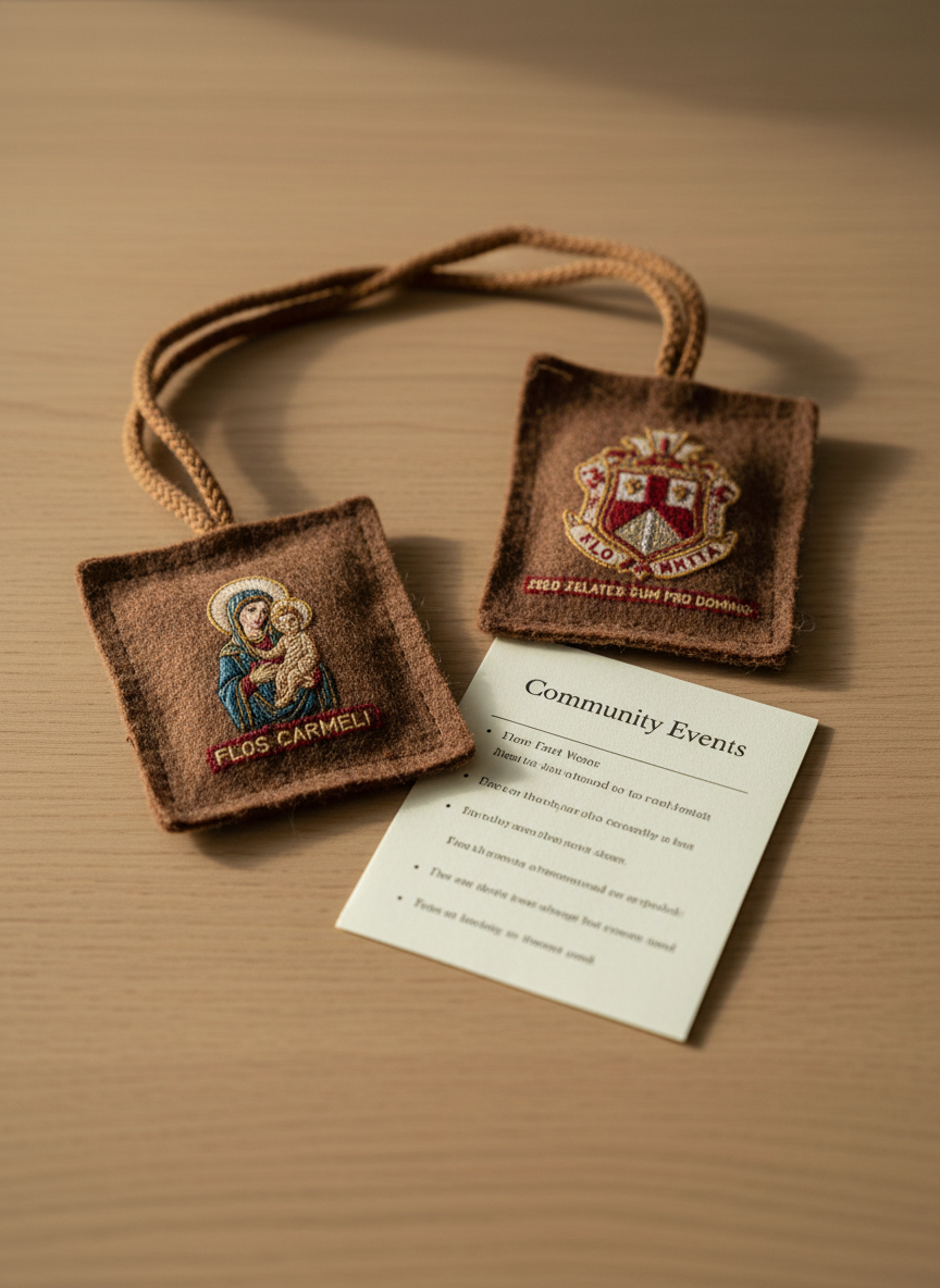 A close-up of a weathered brown scapular made of soft, slightly frayed woolen squares with tiny, detailed stitched images and text, resting on a smooth, light oak tabletop. Next to it lies a small, neatly folded sheet of cream paper labeled “Community Events” in elegant serif type, with subtle bullet points visible but unreadable. Soft, diffused daylight from above creates gentle shadows along the fibers and paper edges. Photographic realism, captured from a slightly elevated angle with shallow depth of field, conveys a sense of quiet dedication, organization, and prayerful focus, ideal for an events or announcements section of a Carmelite community site.