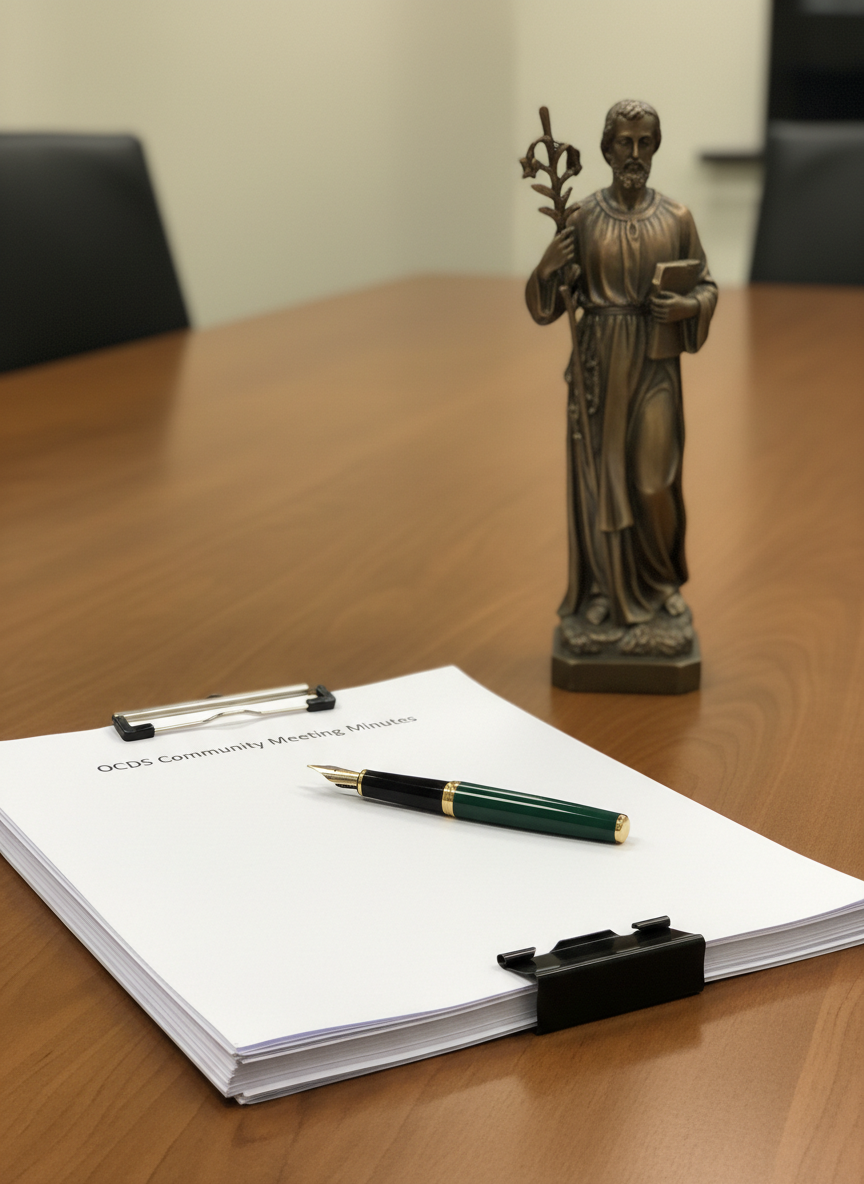 A tidy wooden conference table with a stack of neatly organized meeting minutes printed on bright white paper, clipped together with a simple black binder clip. The top page is titled “OCDS Community Meeting Minutes” in clean, modern typography. A dark green fountain pen rests diagonally across the heading. Behind the stack, a small bronze statue of St. Joseph holding lilies stands on the table, softly out of focus. Warm, indirect overhead lighting creates a professional yet gentle atmosphere, with subtle reflections on the pen and statue. Photographic realism at eye level, using the rule of thirds and a moderate depth of field to emphasize order, clarity, and thoughtful leadership for governance or documents sections.